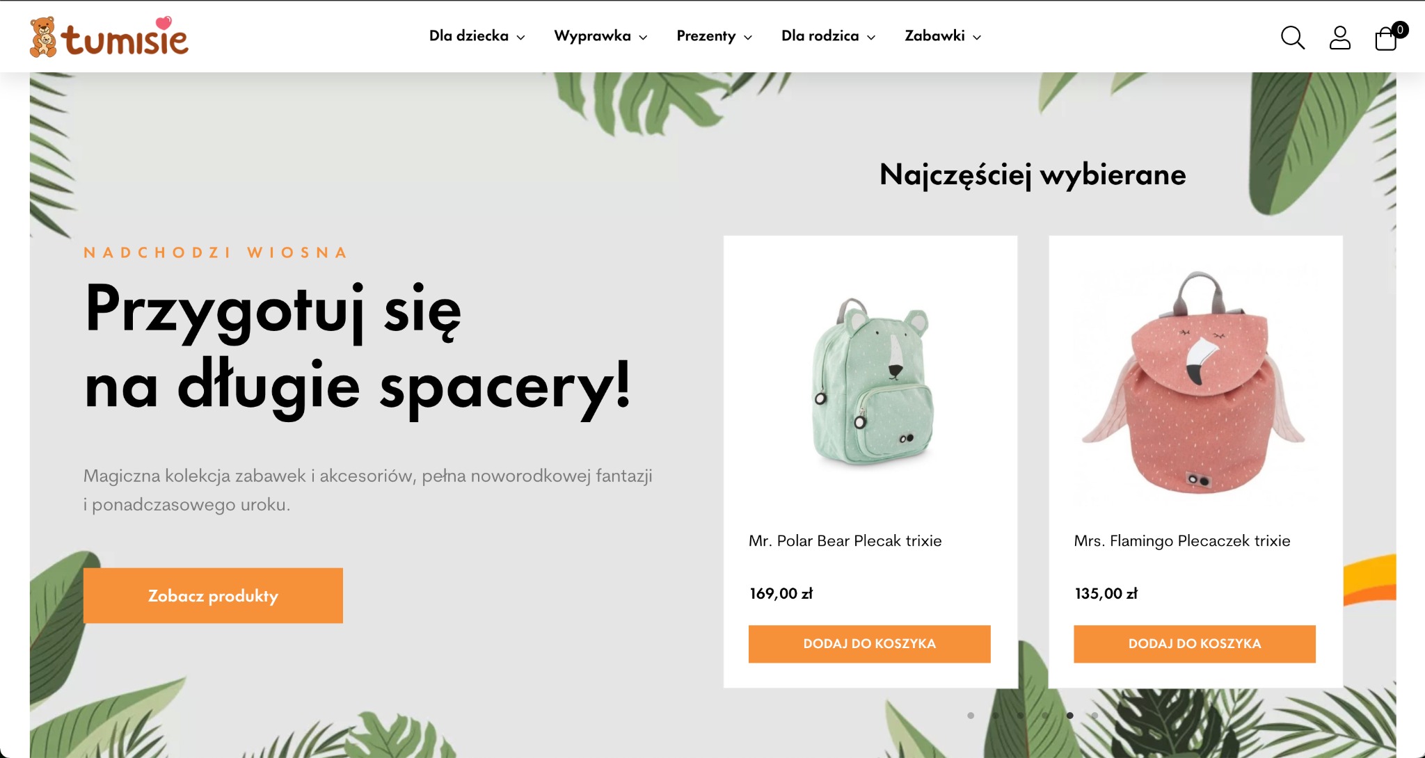 Strona główna sklepu internetowego Tumisie.pl z ofertą plecaków dla dzieci 'Mr. Polar Bear Plecak trixie' i 'Mrs. Flamingo Plecaczek trixie' na tle grafiki z motywem roślinnym.