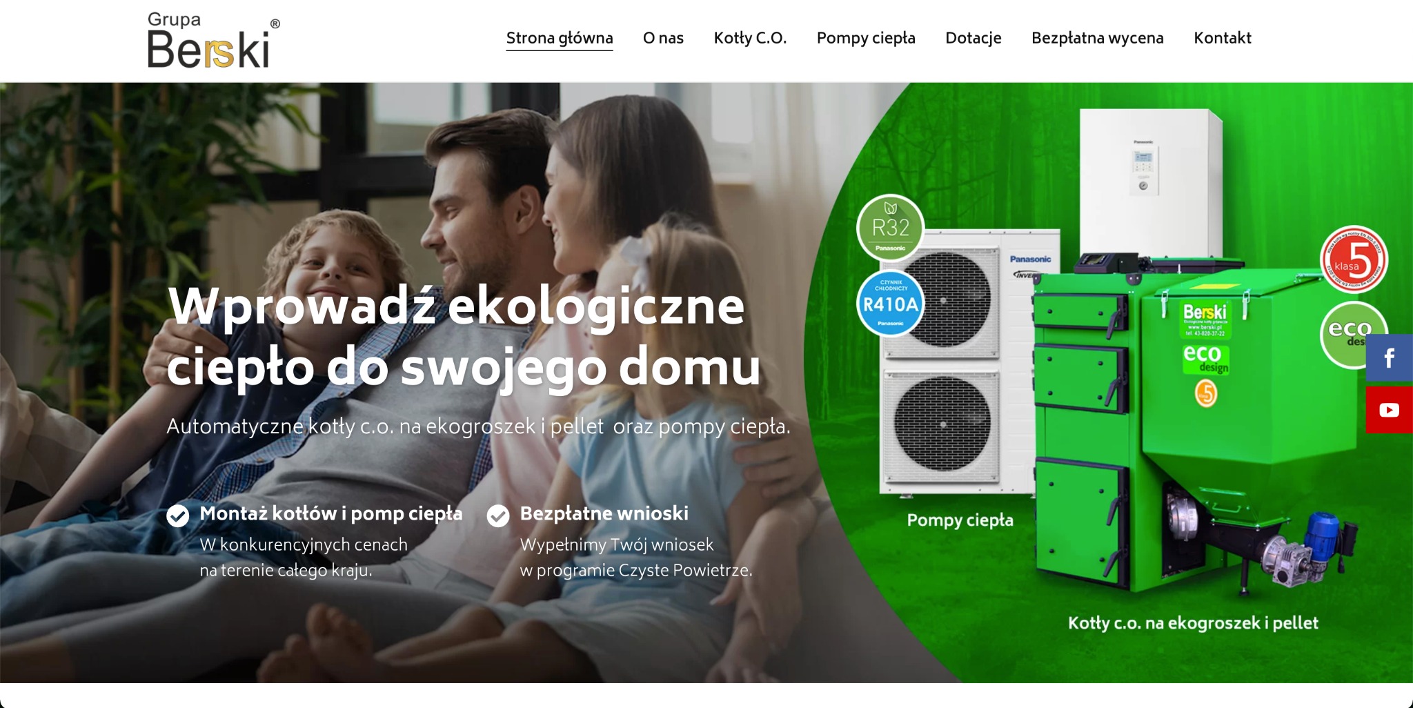 Strona internetowa firmy Berski prezentująca kotły C.O. na ekogroszek i pellet oraz pompy ciepła, z wizerunkiem rodziny w tle.