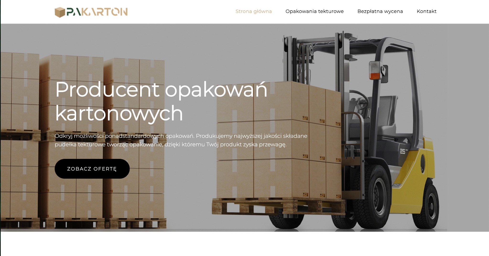 Strona internetowa producenta opakowań kartonowych Pakarton.pl z grafiką wózka widłowego transportującego paletę z kartonami.