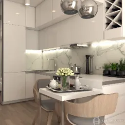 Nowoczesna, biała kuchnia z marmurowym backsplash'em w Krakowie. Na blacie widoczne przyprawy, zioła w doniczkach oraz stół z zastawą i bukietem białych tulipanów.