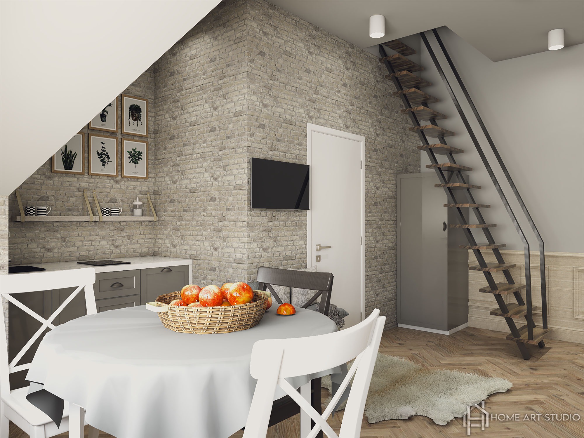 Wnętrze kuchni z ceglaną ścianą, drewnianymi schodami i okrągłym stołem z koszem jabłek, oświetlone światłem dziennym.