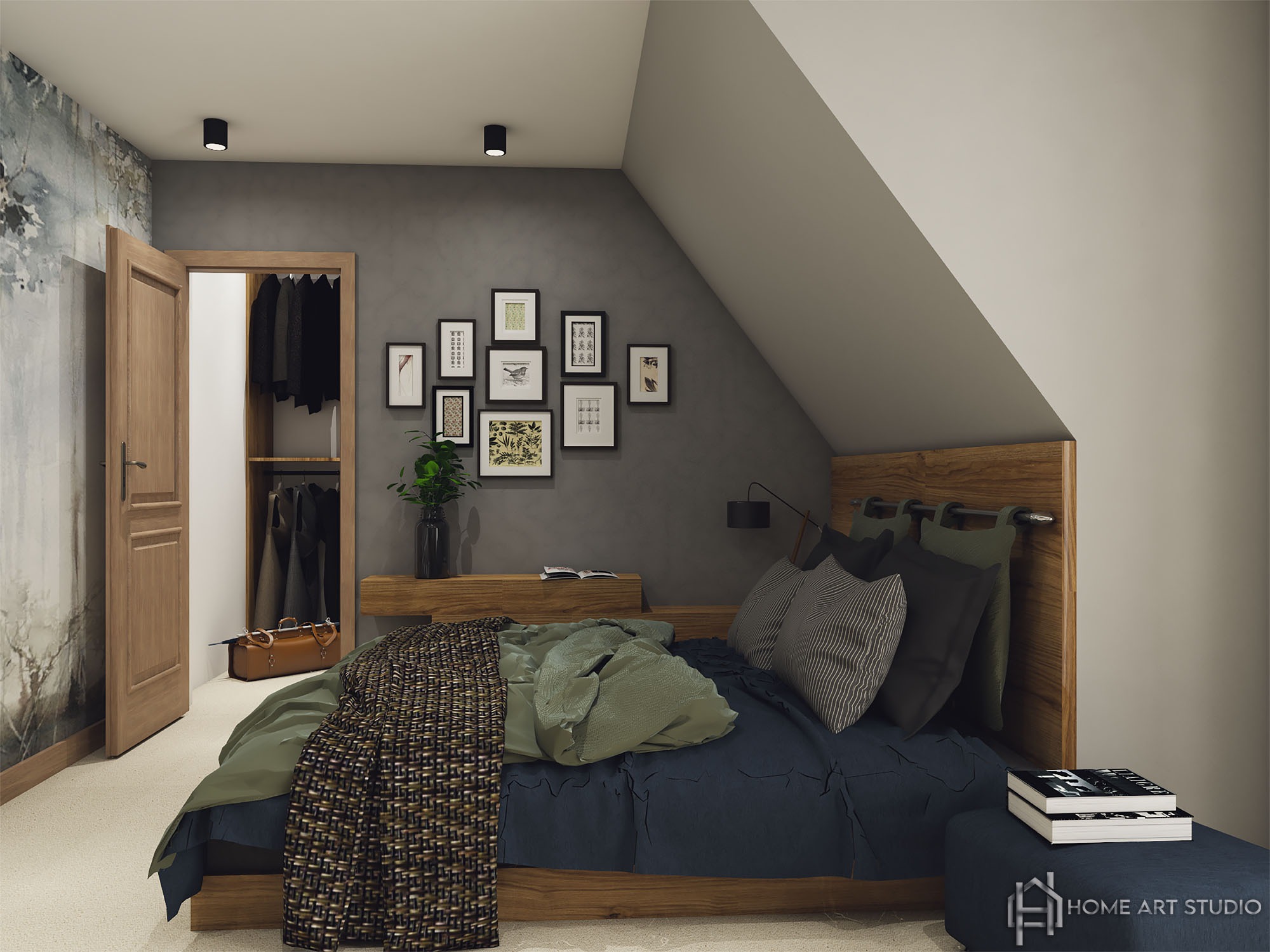 Sypialnia w stylu skandynawskim z drewnianym łóżkiem, niebieską pościelą i pledem w geometryczny wzór. Na ścianie galeria czarno-białych ramek. W tle otwarta garderoba z ubraniami i skórzana torba...