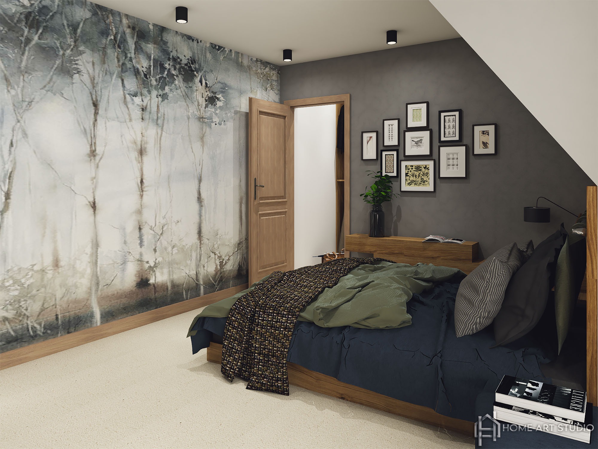 Sypialnia na poddaszu z fototapetą imitującą las, drewnianym łóżkiem i galerią czarno-białych ramek na szarej ścianie.
