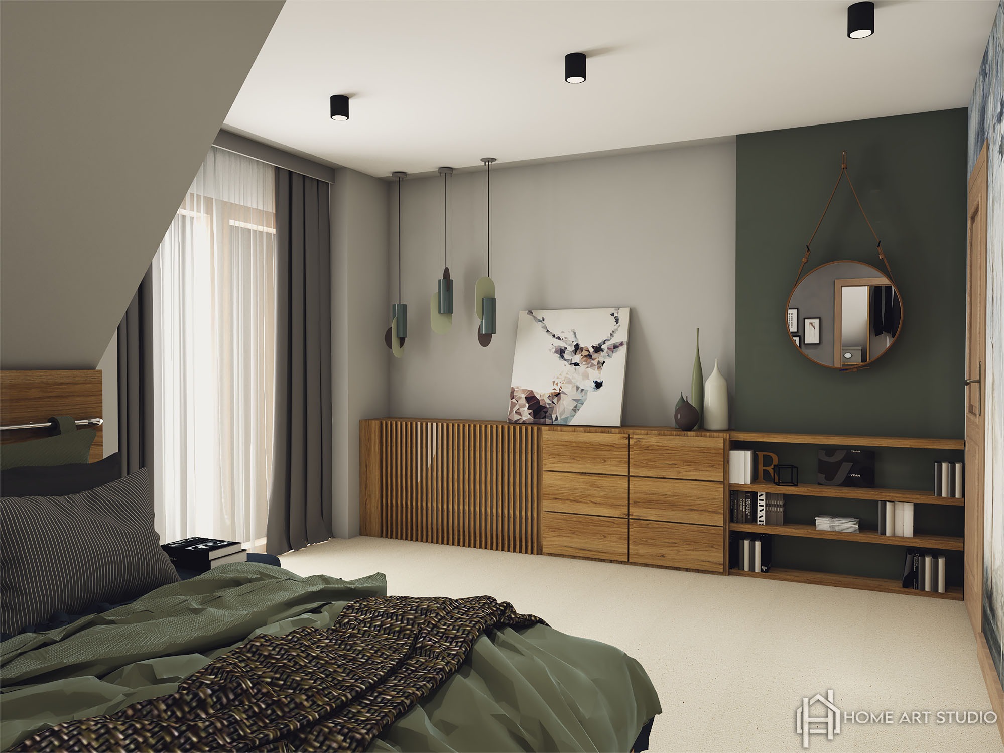 Sypialnia na poddaszu z łóżkiem w odcieniach zieleni, drewnianą komodą pod dekoracyjnym obrazem jelenia i okrągłym lustrem na ciemnozielonej ścianie.