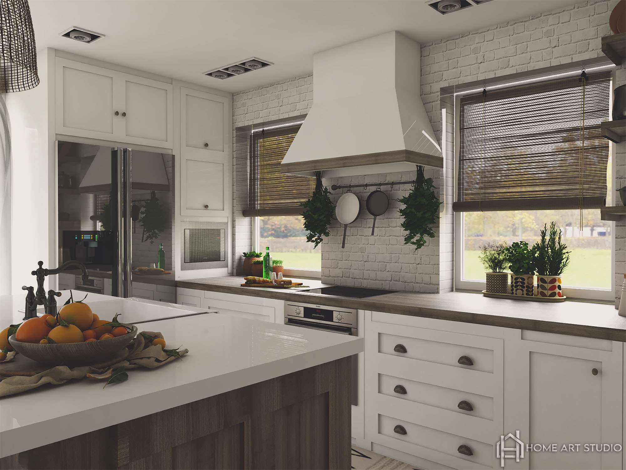 Jasna kuchnia w stylu boho z wyspą, białymi szafkami i ceglaną ścianą. Na wyspie misa z owocami, a w oknach rolety bambusowe.
