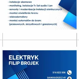 Wizytówka elektryka Filipa Brojeka z listą usług: przyłącza do sieci, instalacje alarmowe, monitoring, instalacje TV Sat audio i LAN, remonty i modernizacje instalacji, montaż oświetlenia terenu...