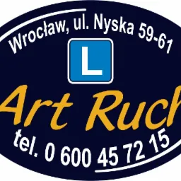 Owalne logo z napisem 'Wrocław, ul. Nyska 59-61', symbolem 'L' w niebieskim kwadracie, nazwą 'Art Ruch' w kolorze złotym i numerem telefonu.
