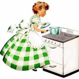 Ilustracja przedstawiająca kobietę w stylu retro, ubraną w sukienkę w zieloną kratę i biały fartuch, gotującą na białej kuchence. Kobieta trzyma talerz w jednej ręce, a drugą sięga po garnek...