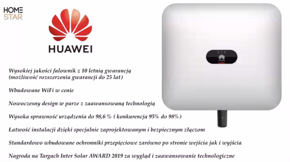 Grafika reklamowa falownika Huawei z 10-letnią gwarancją, prezentująca jego wysoką sprawność i łatwość instalacji oraz nagrodę Inter Solar AWARD 2019.