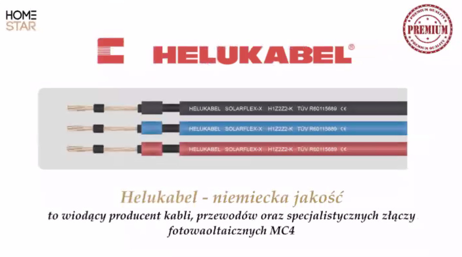 Kable Helukabel Solarflex-X w kolorach czarnym, niebieskim i czerwonym, z widocznymi miedzianymi żyłami, prezentowane na białym tle z logotypem firmy i napisem 'Helukabel - niemiecka jakość'...