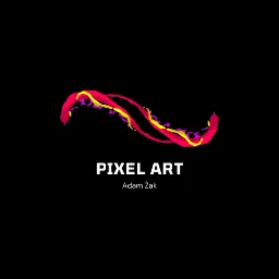 Abstrakcyjna grafika pikselowa przedstawiająca dynamiczną wstęgę w odcieniach różu, żółci i fioletu na czarnym tle, z napisem 'PIXEL ART' i imieniem 'Adam Żak' poniżej.