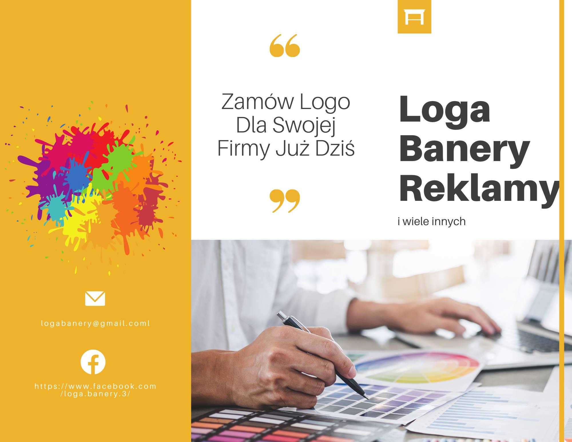 Reklama usług projektowania logo, banerów i reklam: zbliżenie na dłoń trzymającą długopis nad paletą kolorów, w tle laptop i grafiki, po lewej stronie kolorowe plamy i dane kontaktowe.