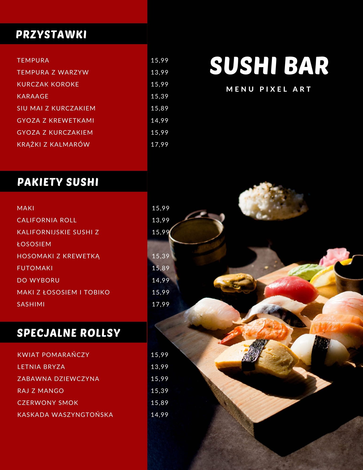 Menu restauracji sushi z listą przystawek, pakietów sushi i specjalnych rollsów, obok których na drewnianej desce leżą różne rodzaje sushi nigiri w ciepłym świetle.