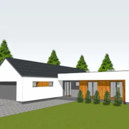 Wizualizacja parterowego domu jednorodzinnego z garażem, białe ściany, grafitowy dach, drewniane akcenty elewacyjne i zadbany trawnik.