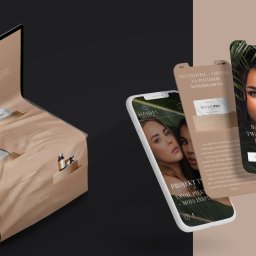 Yuuko - Prezentacja strony www na laptopie i smartfonach dla branży beauty, projekt Hanna Idczak. Beżowa kolorystyka, nowoczesny design, zdjęcia modelek. Widok izometryczny.