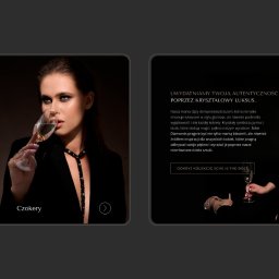 Yuuko - Projekt strony biżuterii Sche: kolaż z modelek prezentujących spinki, czokery i ofertę w luksusowym stylu glamour na ciemnym tle. Elegancki layout strony WWW.