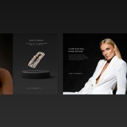 Yuuko - Katalog produktowy biżuterii Sche z modelką prezentującą spinki i opaski do włosów na czarnym tle, w eleganckiej sesji zdjęciowej.