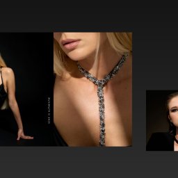 Yuuko - Katalog produktowy biżuterii Sche: modelka w czarnej sukience prezentuje naszyjnik, zbliżenie na dekolt z biżuterią oraz grafika z produktami na czarnym tle.
