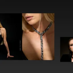 Katalog produktowy biżuterii Sche: modelka w czarnej sukience prezentuje naszyjnik, zbliżenie na dekolt z biżuterią oraz grafika z produktami na czarnym tle.