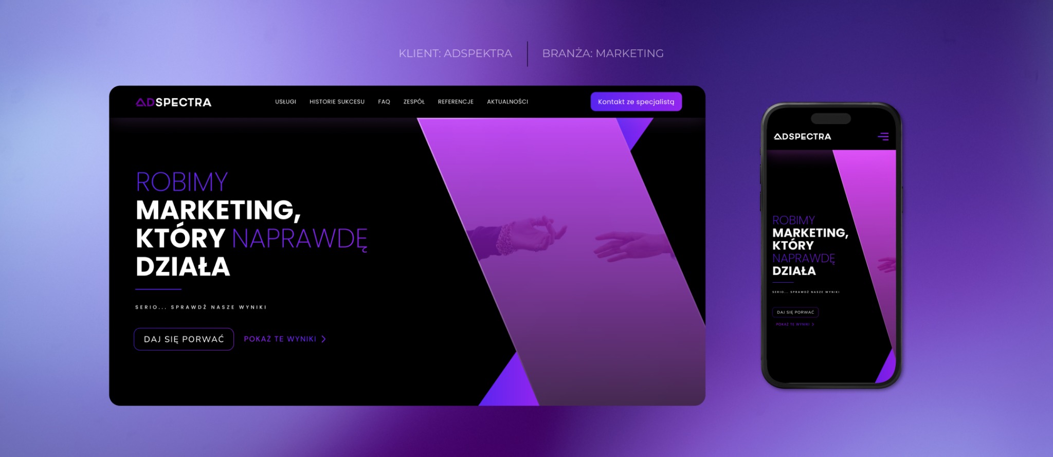 Responsywna strona internetowa Adspektra, prezentowana na ekranie laptopa i smartfona. Fioletowo-czarna kolorystyka, hasło: 'Robimy marketing, który naprawdę działa'.