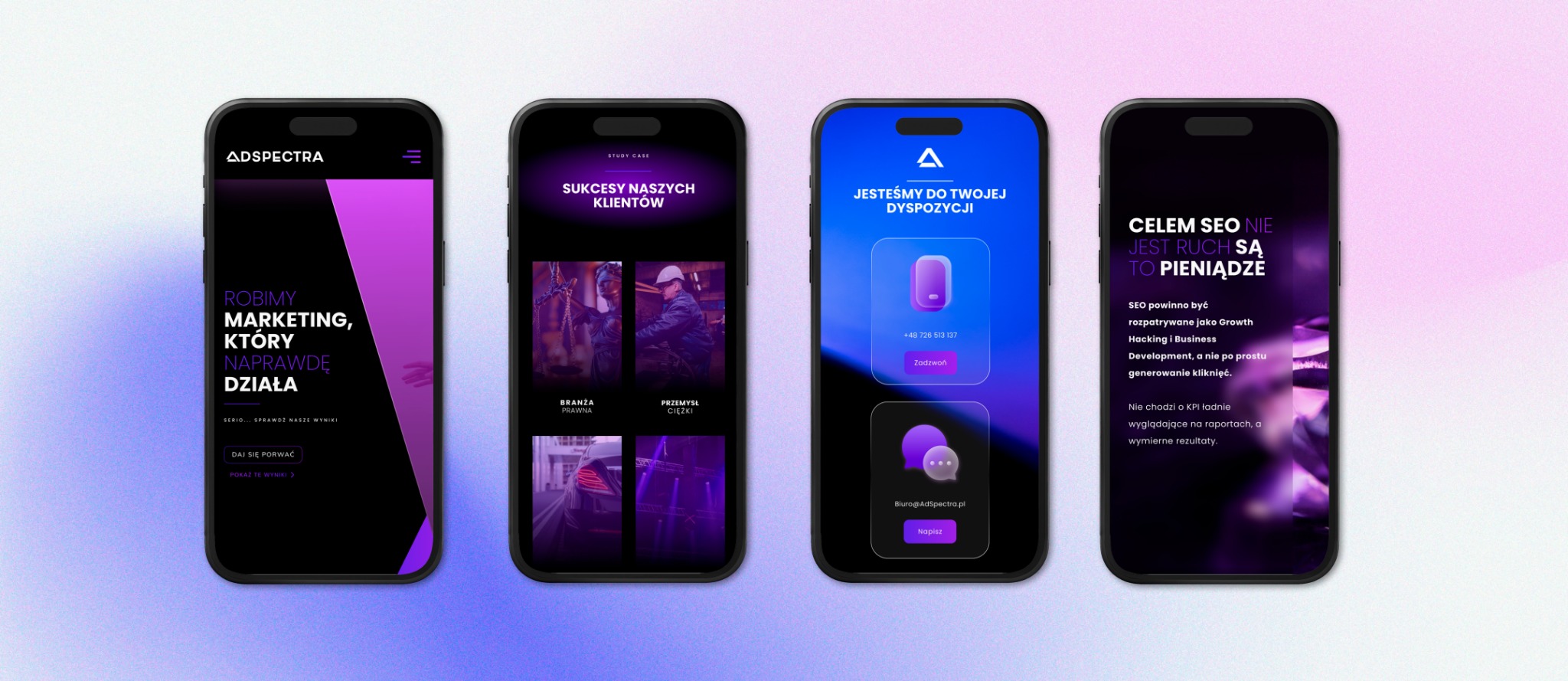 Klient: Adspektra. Projekt: Strona internetowa (wersja mobile). Branża: marketing.