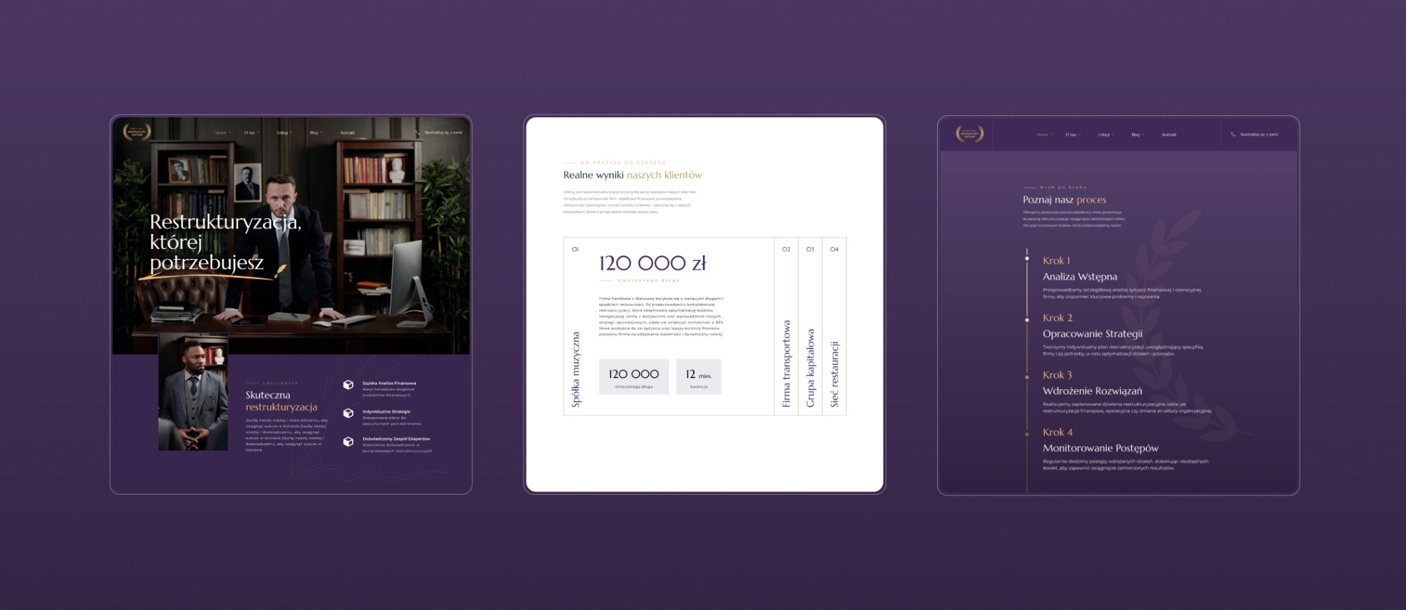 Nowoczesny projekt strony internetowej dla firmy prawniczej Lexliberta, prezentujący proces restrukturyzacji w czterech krokach, z wykorzystaniem stonowanej kolorystyki.