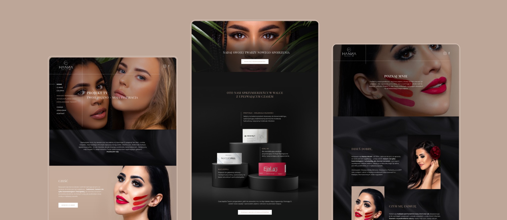 Prezentacja strony internetowej z motywem beauty. Widoczne elementy interfejsu, zdjęcia modelek i kosmetyków. Stonowana kolorystyka, estetyczny minimalizm.