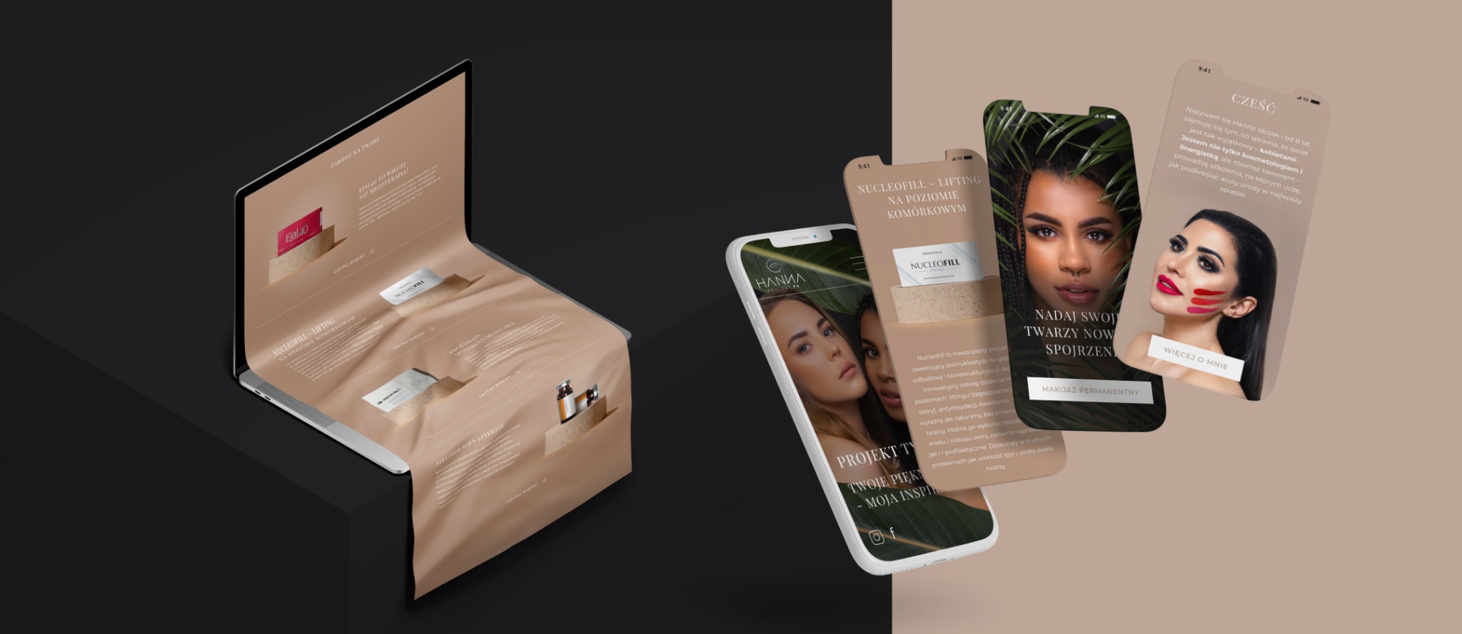 Prezentacja strony www na laptopie i smartfonach dla branży beauty, projekt Hanna Idczak. Beżowa kolorystyka, nowoczesny design, zdjęcia modelek. Widok izometryczny.