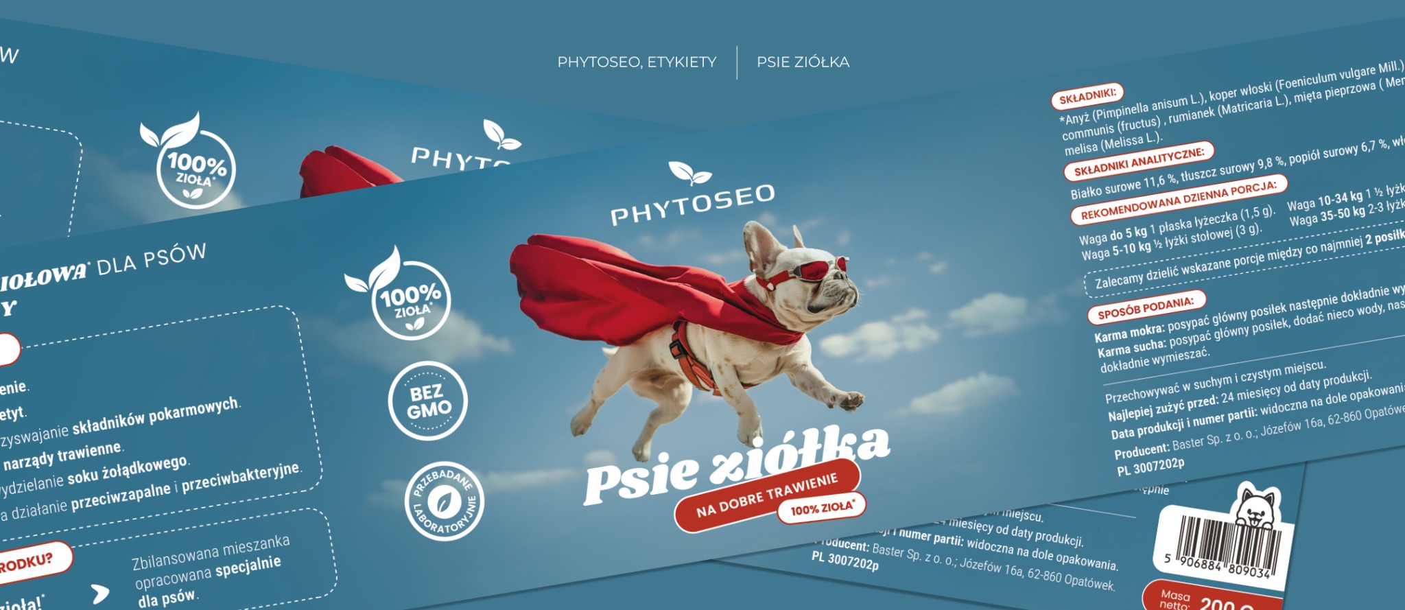 Klient: Phytoseo. Projekt: Etykiety dla psich ziółek.