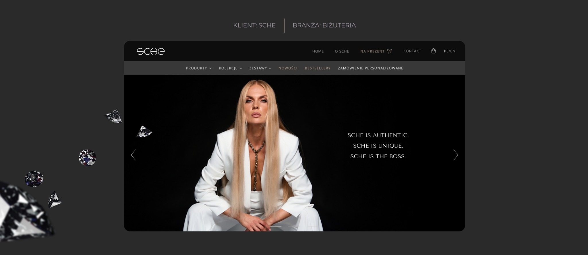 Klient: Sche. Projekt: Strona internetowa. Branża: biżuteria.