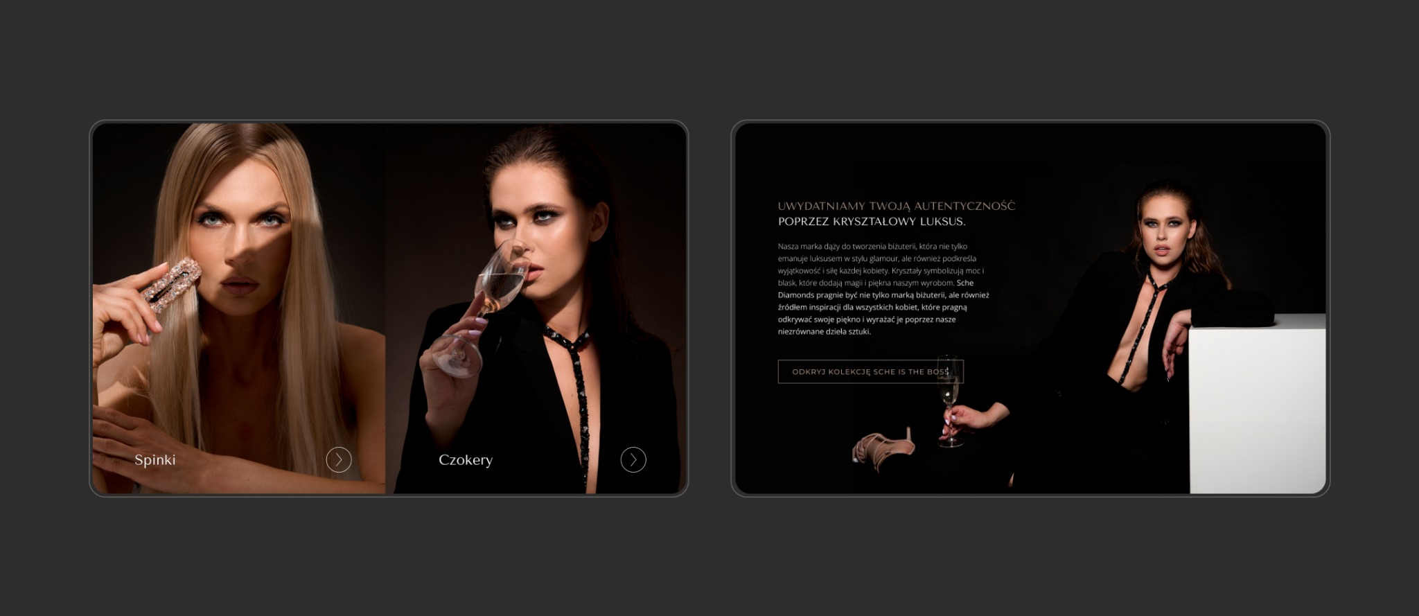 Projekt strony biżuterii Sche: kolaż z modelek prezentujących spinki, czokery i ofertę w luksusowym stylu glamour na ciemnym tle. Elegancki layout strony WWW.