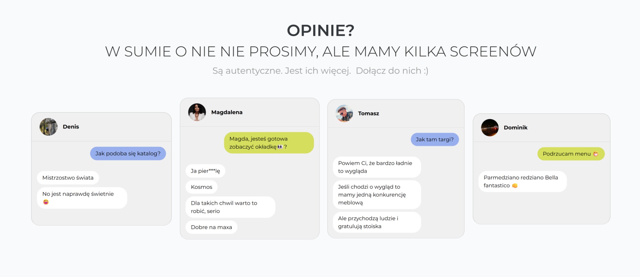 Opinie klientów w formie screenshotów z rozmów o katalogu, okładce i menu. Autentyczne recenzje, pozytywny odbiór projektów.