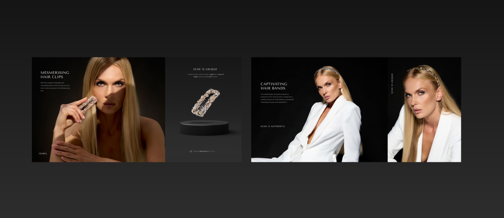 Katalog produktowy biżuterii Sche z modelką prezentującą spinki i opaski do włosów na czarnym tle, w eleganckiej sesji zdjęciowej.