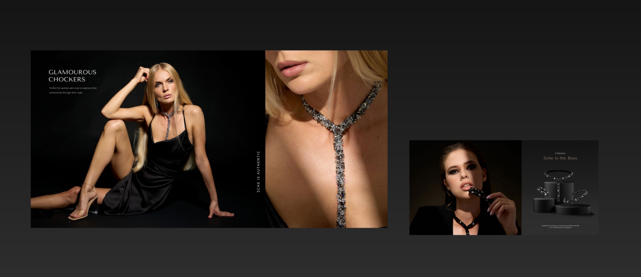 Katalog produktowy biżuterii Sche: modelka w czarnej sukience prezentuje naszyjnik, zbliżenie na dekolt z biżuterią oraz grafika z produktami na czarnym tle.
