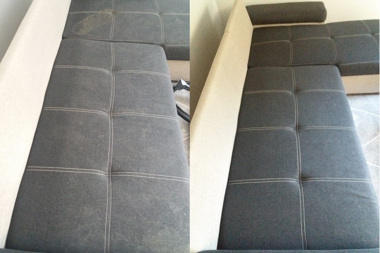 Porównanie stanu kanapy przed i po czyszczeniu: widoczne plamy i zabrudzenia po lewej stronie, czysta tapicerka po prawej, zarys węża odkurzacza w tle.