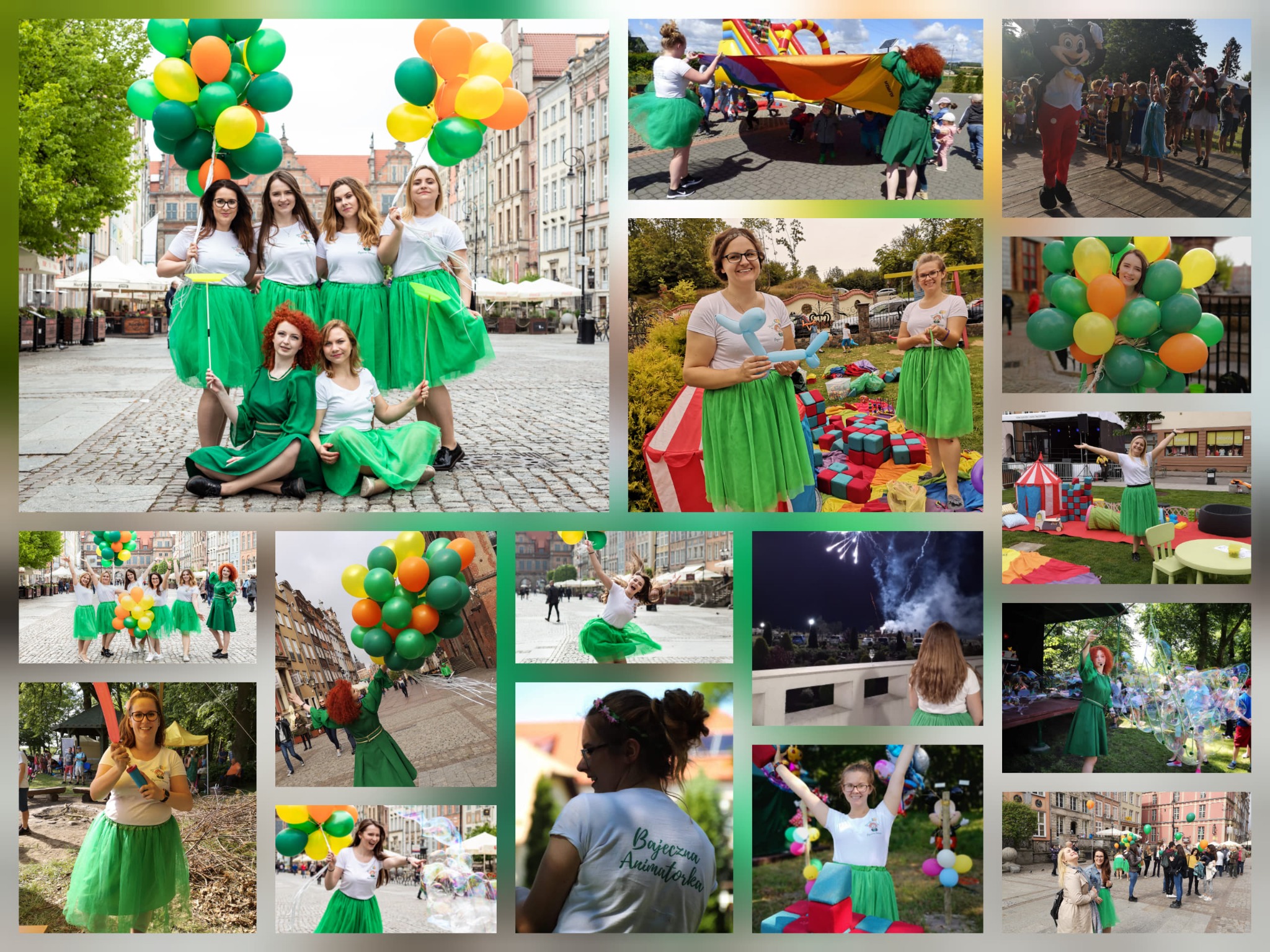 Kolaż zdjęć przedstawiający grupę kobiet w zielonych spódnicach i białych koszulkach, z balonami, podczas animacji dla dzieci, dmuchanym zamkiem, pokazem baniek mydlanych i innymi atrakcjami...