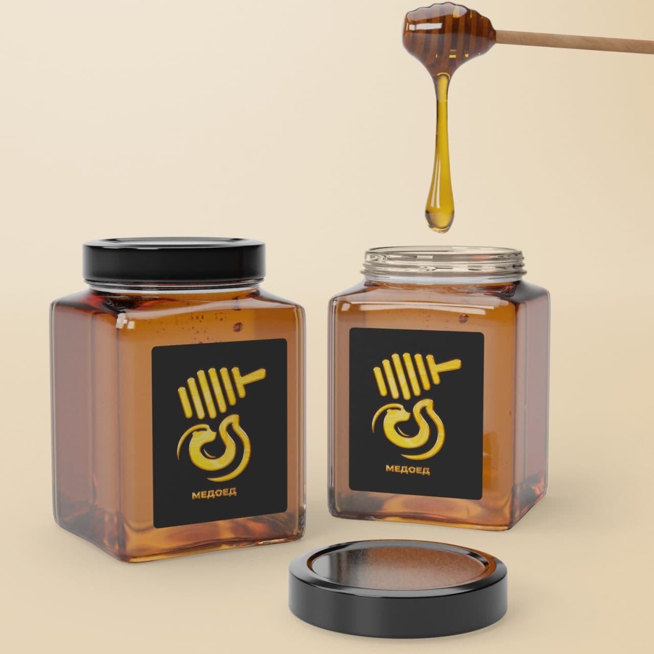 Logotyp produkcji miodu 'Медоед' na puszkach
