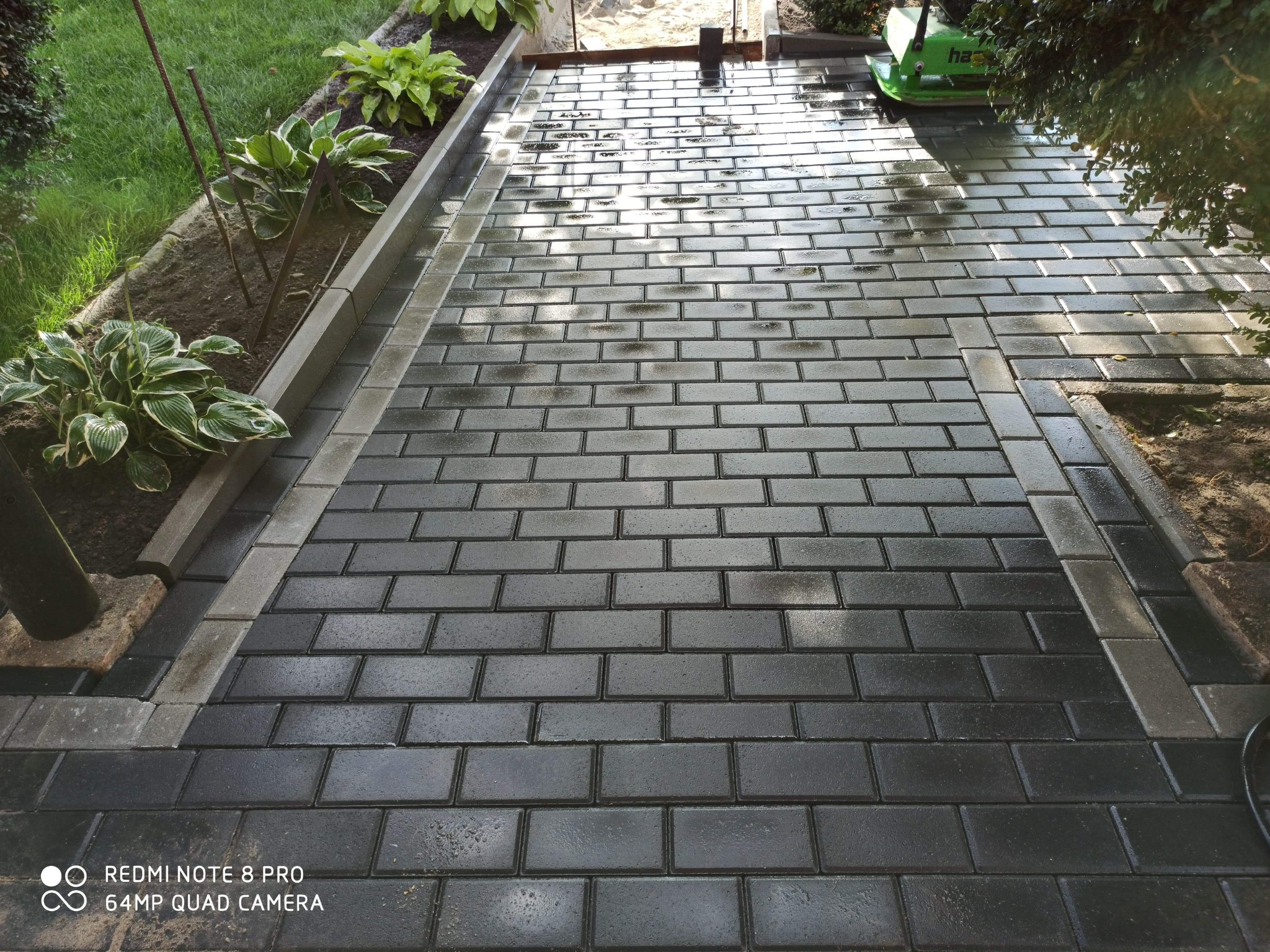 Świeżo ułożona, mokra, ciemnoszara kostka brukowa w regularnym wzorze, obrzeża z jaśniejszych kostek, widoczna zagęszczarka w tle i rabata z roślinami.