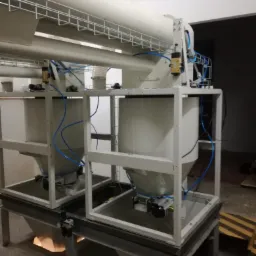 Dwa identyczne stanowiska do pakowania i konfekcjonowania z białymi zbiornikami i pneumatycznymi elementami sterującymi, połączone rurami, widoczne na tle hali produkcyjnej.