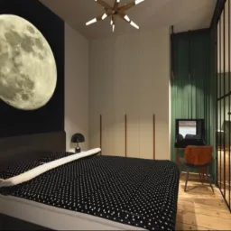 Sypialnia w Gdańsku z łóżkiem w czarno-białe grochy, ścianą z motywem księżyca i designerską lampą sufitową.