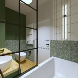 Wizualizacja nowoczesnej łazienki z zielonymi akcentami, drewnianym blatem pod umywalką i kabiną prysznicową ze szklaną ścianką z czarnymi profilami.