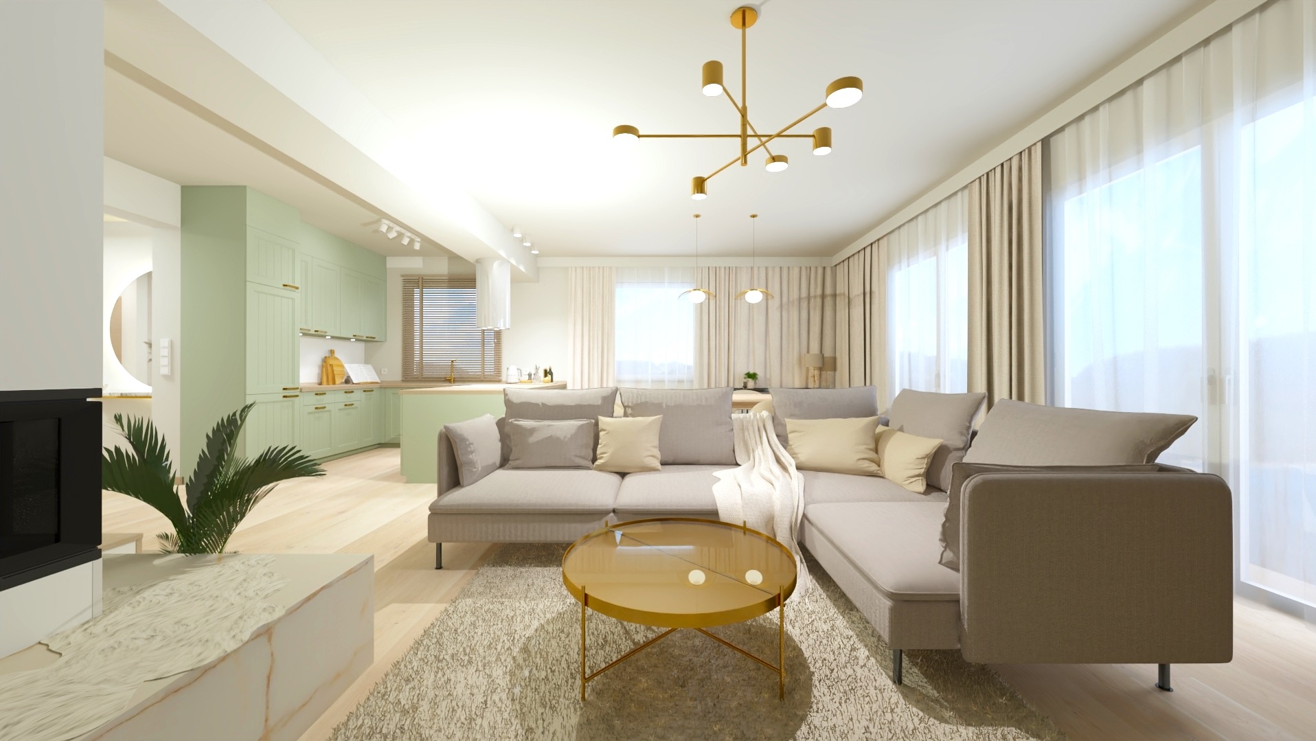 Wizualizacja salonu z aneksem kuchennym w pastelowych kolorach, z dużym narożnikiem, okrągłym stolikiem kawowym na złotych nóżkach i nowoczesną lampą sufitową.