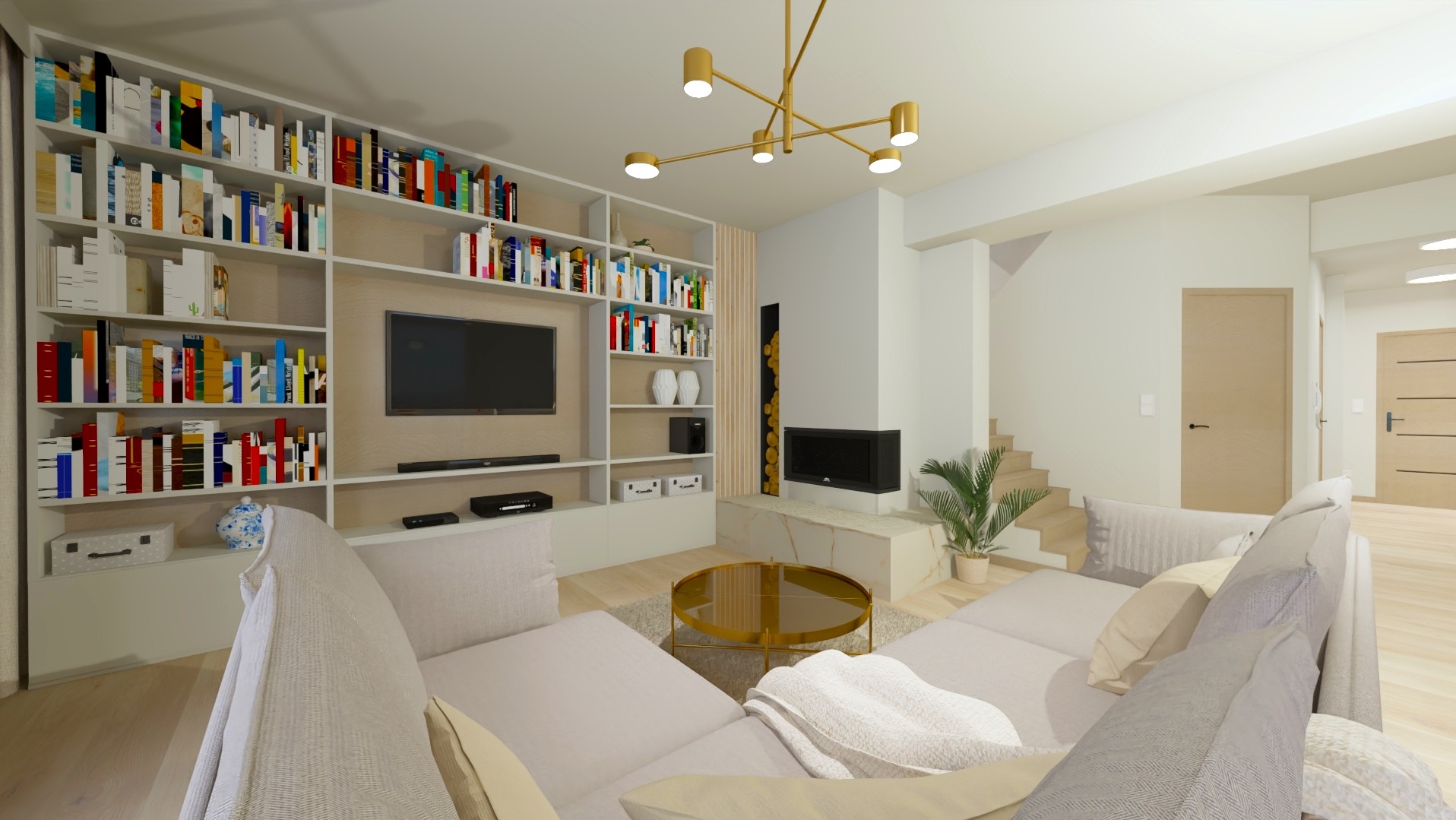 Wizualizacja salonu z dużą biblioteczką, kominkiem i beżową sofą narożną, oświetlonego nowoczesną lampą sufitową.