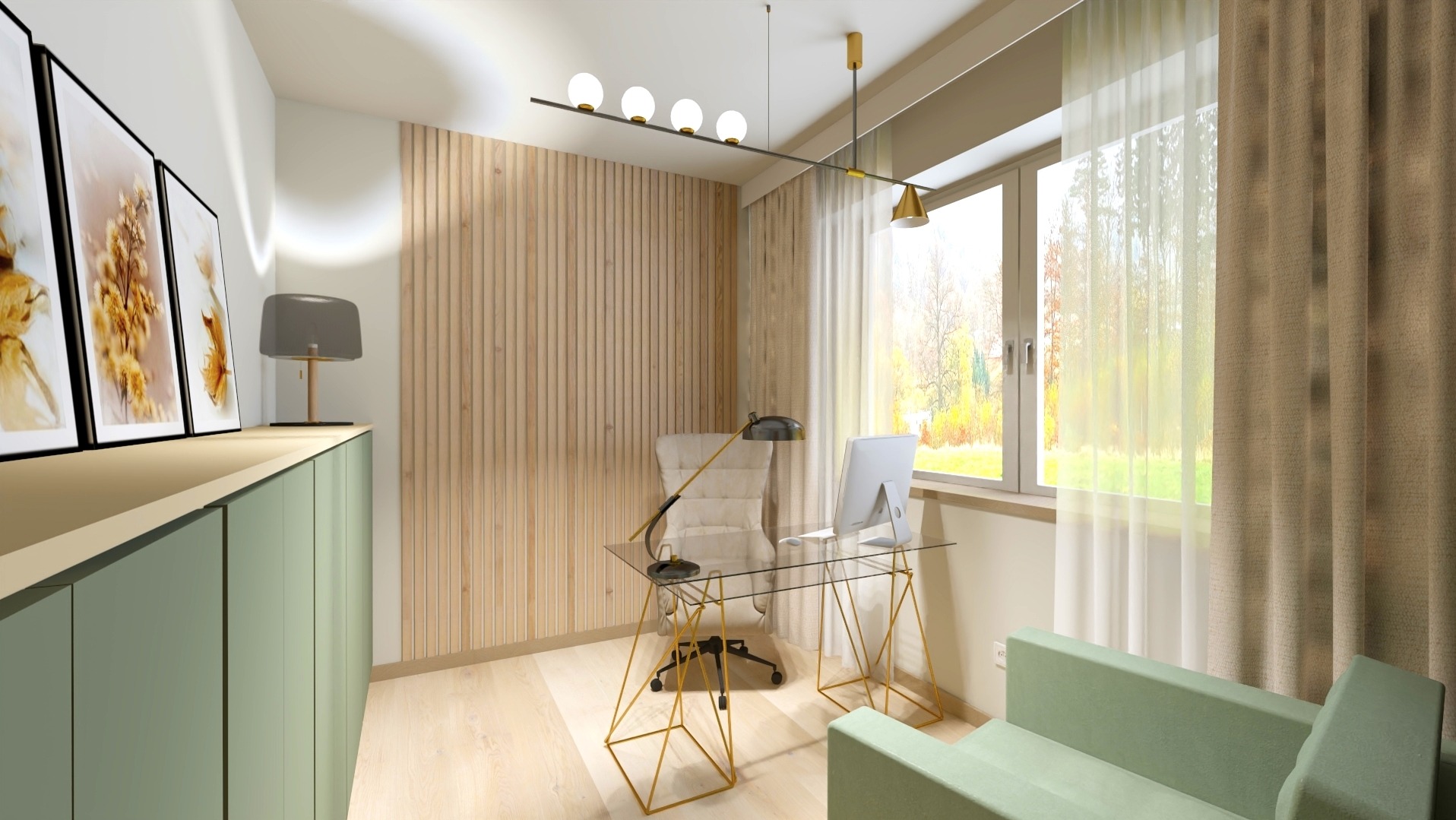 Wizualizacja nowoczesnego biura domowego z jasnymi drewnianymi panelami ściennymi, szklanym biurkiem ze złotymi nogami, krzesłem biurowym w kolorze ecru, zieloną szafką i kanapą, oświetleniem...