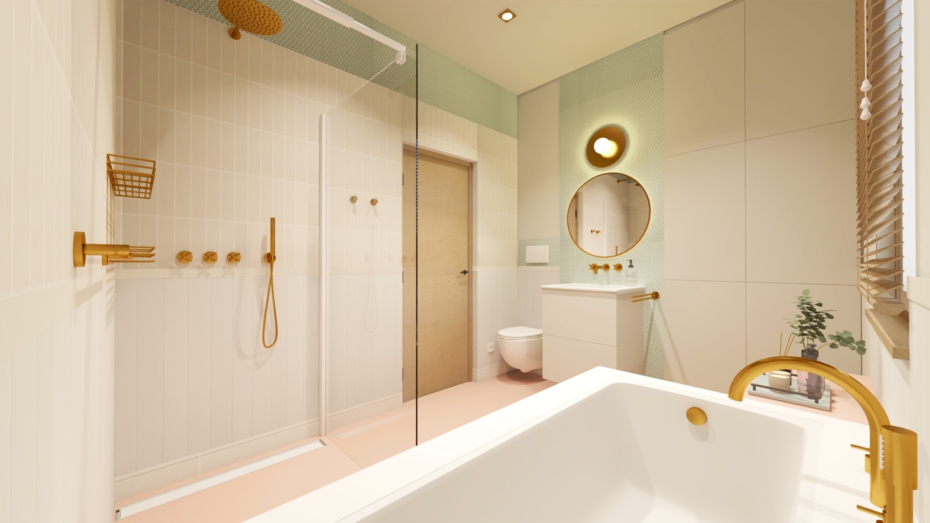Wizualizacja łazienki w pastelowych kolorach z akcentami złota: prysznic typu walk-in, okrągłe lustro podświetlone lampą i wolnostojąca wanna z baterią w kolorze złota.