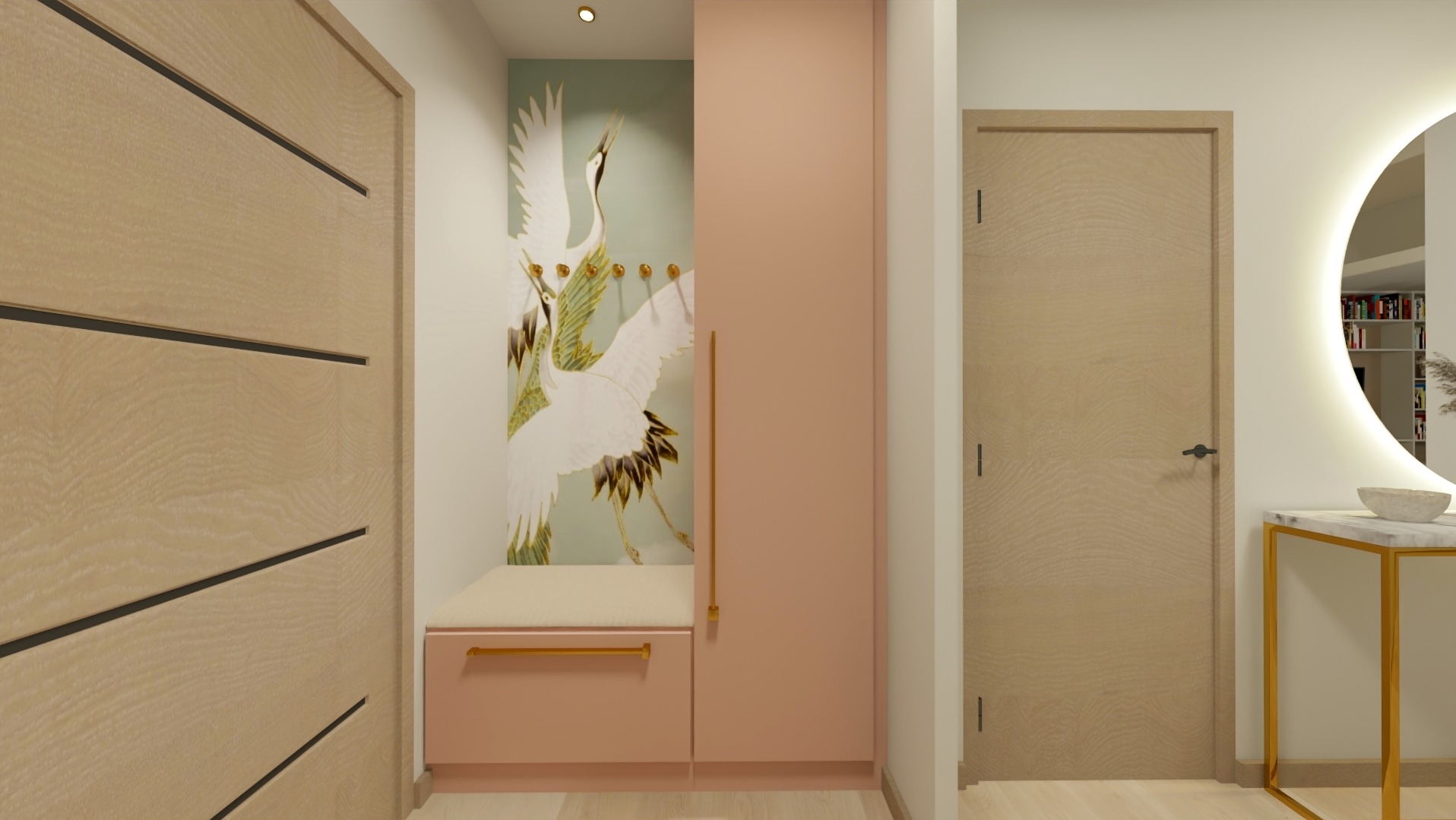 Wizualizacja przedpokoju z szafą w kolorze pudrowego różu, tapetą z motywem żurawi, drewnianymi drzwiami z poziomymi frezami i okrągłym lustrem z podświetleniem LED.