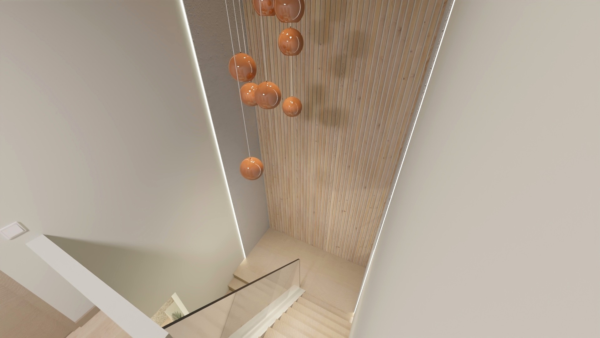 Nowoczesna klatka schodowa z drewnianym sufitem, szklaną balustradą i pomarańczowymi kulistymi lampami wiszącymi, widok z góry.