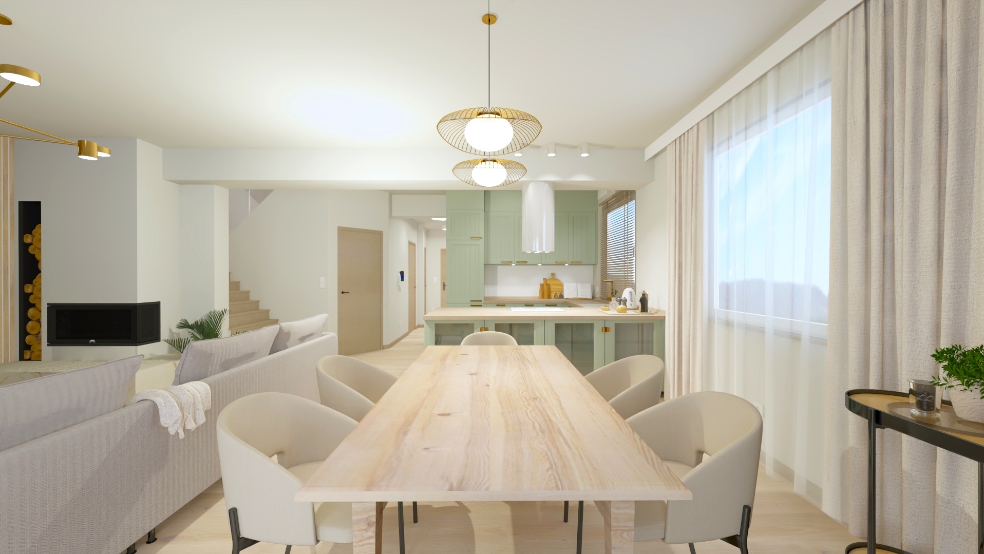 Jasne, przestronne wnętrze: salon z kominkiem przechodzi w jadalnię z drewnianym stołem i krzesłami, a następnie w kuchnię z jasnozielonymi szafkami. Nad stołem wiszą dwie złote lampy. Widoczne...