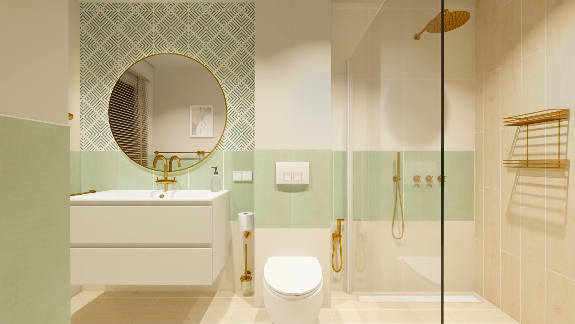 Wizualizacja łazienki w odcieniach beżu i zieleni z elementami złota, okrągłe lustro z złotą ramą, kabina prysznicowa typu walk-in, podwieszana szafka z umywalką i armaturą w kolorze złota.