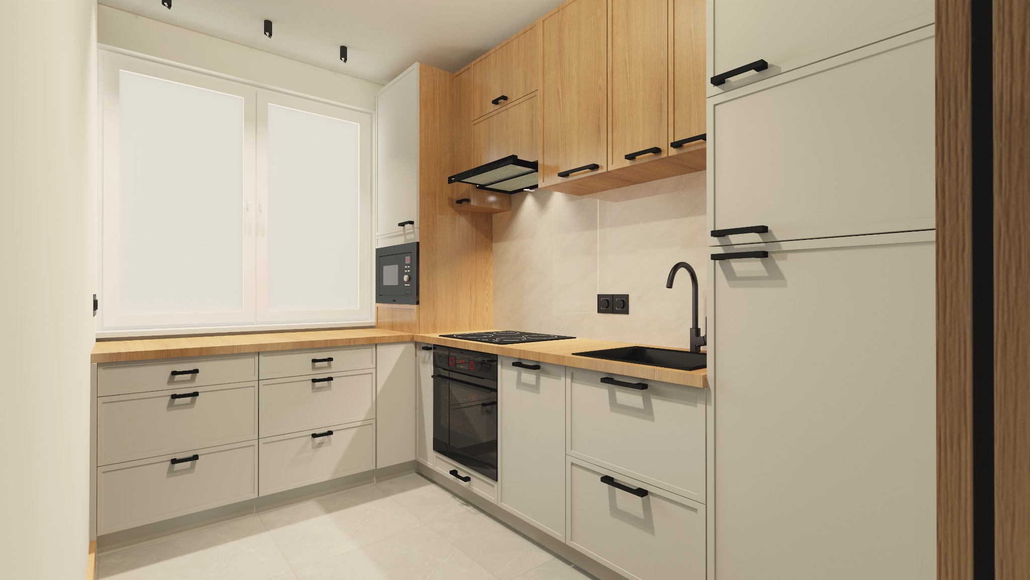 Wizualizacja małej kuchni z drewnianymi i białymi szafkami, czarnymi uchwytami i armaturą, oraz jasnym blatem.